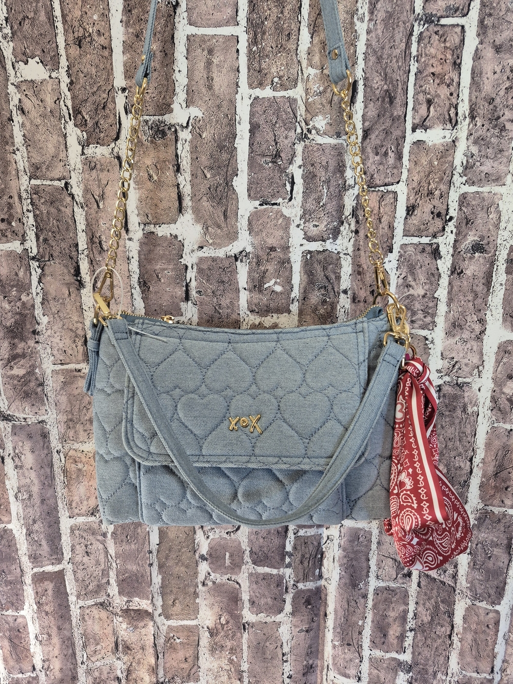 Betsey Johnson Denim Quilted Heart Crossbody Bag XOX With Bandana - Picture 4 of 16